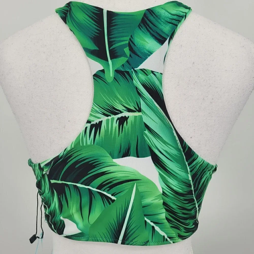 Cupsay Swim Tropical Leaf Print Racerback Bikini Top
